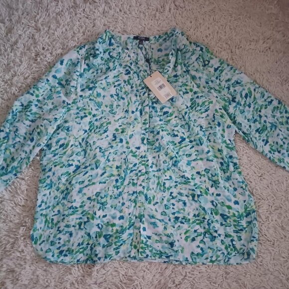 NWT NYDJ Pintuck Blouse L Skyrock Blu Green Watercolor Print Lg Sleeve Nordstrom - Picture 3 of 8